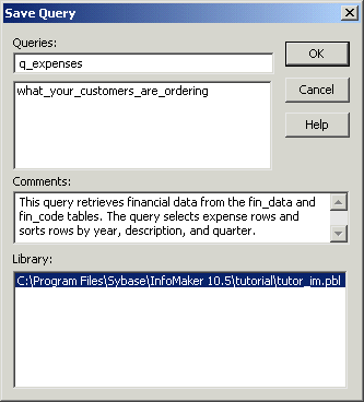 Shown is the Save Query dialog box with the entry q _ expenses in the Queries box at the top and an entry in the Comments box matching the comments text you were instructed to enter in this step of the lesson.