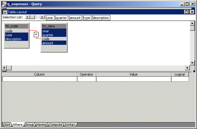 Shown is the Where tab with columns labeled Column, Operator, Value, and Logical.