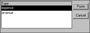 Shown is a list of values labeled Type. They include expense, which is highlighted, and revenue.