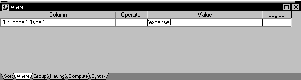 Shown is the Where tab. Under Column is the entry " fin _ code " dot " type ". Under Operator is an equal sign, and under Value is the entry " expense ".  Logical is blank.