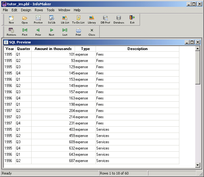 Shown is the Sequel Preview screen with the entry expense in the Type column for every row of data.