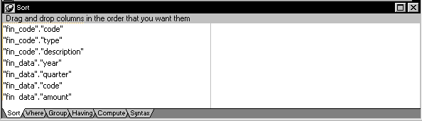 Shown is the Sort tab at the bottom of the workspace with a list of columns on the left with entries such as " fin _ data " dot " year " and " fin _ code " dot " description ".