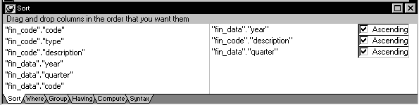 Shown is the Sort tab at the bottom of the workspace with a list of columns on the left with entries such as " fin _ data " dot " year " and " fin _ code " dot " description ". On the right is a list of three columns that were selected. Each has a selected check box for Ascending order next to it.