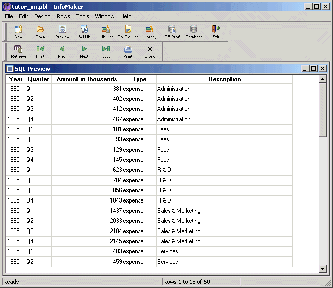 Shown is the Sequel Preview screen with the rows of data sorted by Year, with all the visible entries showing 1995, then alphabetically by Description, with a group of entries for Administration followed by a group of Fees entries and then R and D entries. Within each group formed by Description, the entries are further sorted by quarters 1 through 4.