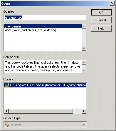 Shown is the Open dialog box with the entry q _ expenses highlighted in the Queries box.