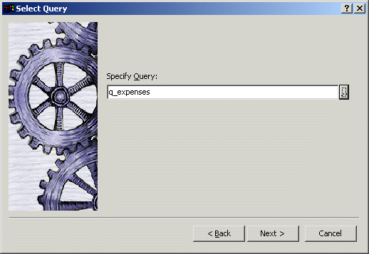 Shown is the Select Query screen with a box labeled Specify Query that displays the entry q _ expenses. 