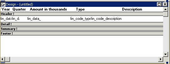 Shown is a dialog box summarizing all the specifications entered in the lesson. The Header band shows the text Year, Quarter, Amount in thousands, Type, and Description. The Detail band partially shows the names of the objects that will display under each header, such as fin _ doc _ description under Description.