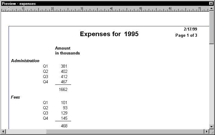 Shown is the Preview view for the Expenses report. At top center is the title Expenses for 1995, the date and page display at upper right, and the text Amount in thousands shows below the title at lower left. Entries are sorted by Description, with a group of data rows for quarter and amount labeled Administration at top, then Fees.