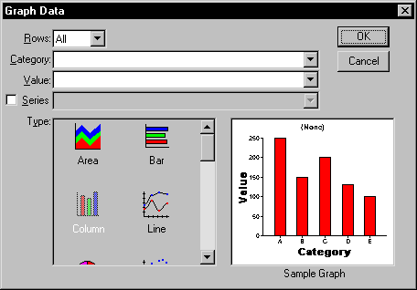 Shown is the Graph Data dialog box. It has drop downs for Rows, Category, Value, and Series, a box at bottom left with icons for the graph types, and a sample graph box on the right that displays a sample for each type as it is selected.