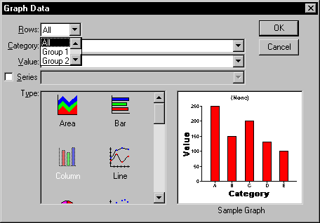 Shown is the Graph Data dialog box with the Rows drop down list showing row choices All, Group 1, and Group 2 in a scrollable list.