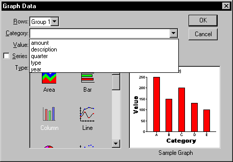 Shown is the Graph Data dialog box with the Category drop down displaying columns named amount, description, quarter, type, and year. 