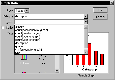 Shown is the Graph Data dialog box with the Value drop down displaying column choices including amount, count ( description for graph ), count ( quarter for graph ), and so on.