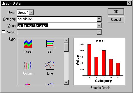 Shown is the Graph Data dialog box with the entry sum ( amount for graph ) highlighted in the Value drop down.