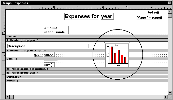 Shown is the Design view for the expenses report with a small representation at right of the bar graph that will appear in the report.