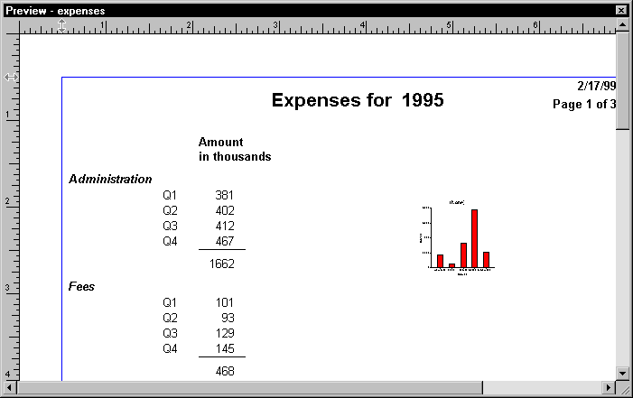 Shown is the Preview view of the expense report with data retrieved from the database shown both in the report at left and in the bar graph on the right.