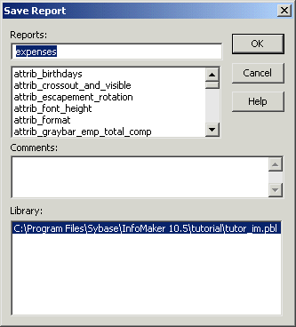 Shown is the Save Report dialog box. At top is the Report box with the entry expenses highlighted.