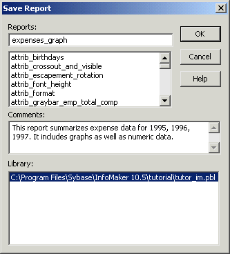 Shown is the Save Report dialog box. At top is the Report box with the entry expenses graph. The comments box displays the text you entered in this step of the lesson.