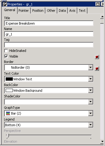 Shown is the General page of the Properties view with all the properties of the graph. In the Graph Type drop down, the entry shown is Bar ( 2 ).