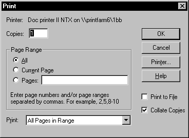 Shown is the Print dialog box with the default setting for Printer name, Copies set to 1, Page Range set to All, and Print All Pages in Range.