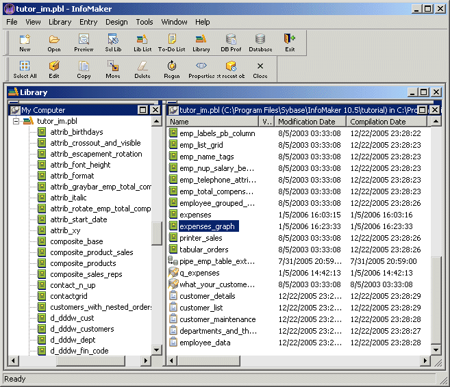 Shown is the Library painter work space. On the left is a tree view with tutor _ i m  dot pibble expanded. At right is a  list view with columns labeled Name, V dot dot dot, Modification Data, and Compilation Date. All the forms, queries, reports, and pipelines for the current library are listed.. The expenses _ graph is highlighted.