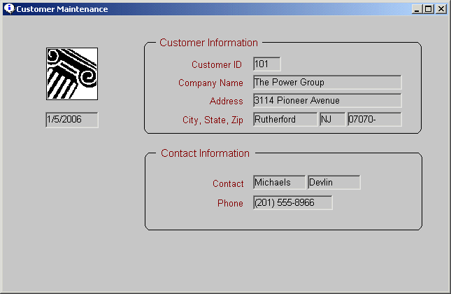 Shown is the customer maintenance form. At left is an icon and below it, the date. At top right is a Customer Information group box with Customer I D and Company Name and Address. Below this is a group box with Contact Information, including name and phone number.