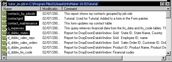 Shown is the  list view with columns labeled Name,  Modification, and Comment. Forms, queries, reports, and pipelines for the current library are listed. Five objects selected in this step of the lesson are highlighted.