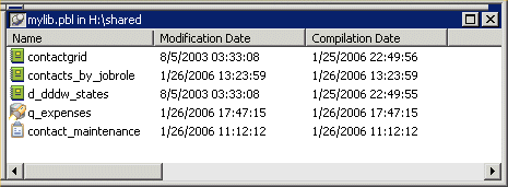 Shown is the Library painter with columns for Name, Modification Date, and Compilation Date. Listed are contact grid, contacts _ by _ job role, d _ d d d w _ states, q _ expenses, and contact _ maintenance.