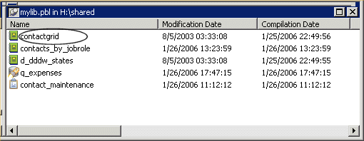 Shown is the Library painter with columns for Name, Modification Date, and Compilation Date. Listed are contact grid, contacts _ by _ job role, d _ d d d w _ states, q _ expenses, and contact _ maintenance. Contact grid is circled.