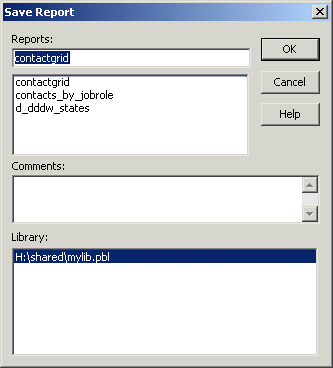 Shown is the Save Report dialog box. At top, the Reports text box displays the name contact grid.