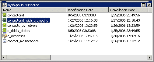 Shown is the Library Painter list view with columns labeled Name,  Modification Date, Compilation Date, Size, and Comment. Highlighted is the objects contact grid _ with _ prompting. Its comment column displays the text, "This report lets me enter selection criteria when I run the report."