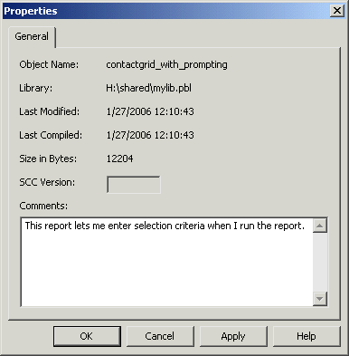 Shown is the General tab page of the Properties dialog box displaying properties for the object named contact grid _ with _ prompting. At bottom is a Comments box with the text, "This report lets me enter selection criteria when I run the report."