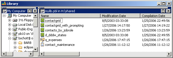 Shown is the Library painter. It has columns for Name, Modification Date, Compilation Date, Size, and Comment. The Name column shows the contents of my lib dot pibble, including the query q _ expenses and the contact grid. The contact grid _ with _ prompting entry is highlighted.