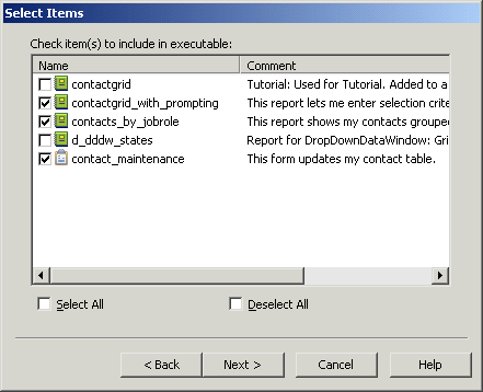 Shown is the Select Item dialog box with columns for Name and Comment. The Name column displays five items with check boxes. Selected are the check boxes next to contact grid _ with _ prompting, contacts _ by _ job role, and contact _ maintenance.