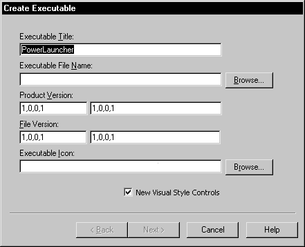 Shown is the Create Executable dialog box with text boxes for Executable Title and File Name, Product and File Versions, and the Executable Icon. The File Name and Icon boxes have Browse buttons. At bottom is a selected check box for New Visual Style Controls.