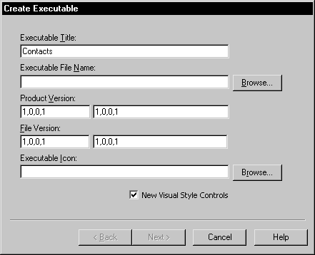 Shown is the Create Executable dialog box with text boxes for Executable Title and File Name, Product and File Versions, and the Executable Icon. The File Name text box shows the entry Contacts. At bottom is a selected check box for New Visual Style Controls.