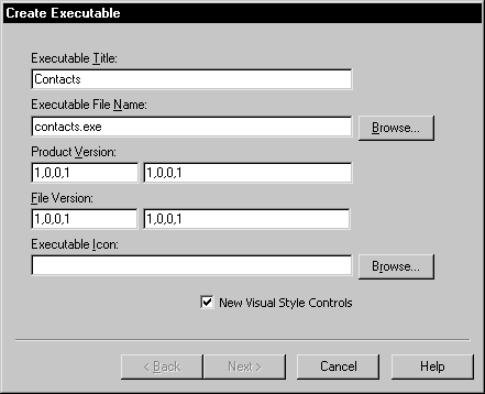 Shown is the Create Executable dialog box with text boxes for Executable Title and File Name, Product and File Versions, and the Executable Icon. The File Name text box shows the entry Contacts and the Executable File Name box shows the entry contacts dot exe.