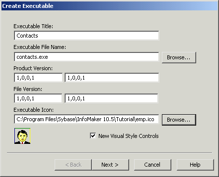 Shown is the Create Executable dialog box with text boxes for Executable Title and File Name, Product and File Versions, and the Executable Icon. The File Name  box entry is Contacts, the Executable File Name box shows the entry contacts dot exe, and the Executable Icon box shows the path to emp dot i c o.