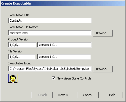 Shown is the Create Executable dialog box with text boxes for Executable Title and File Name, Product and File Versions, and the Executable Icon. The Product and File Version boxes on the left show the entry 1 comma 0 comma 0 comma 1. The Product and File Version boxes on the right show the entry Version 1 dot 0 dot 1.