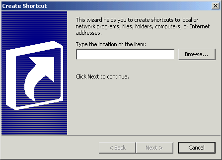 Shown is the Create Shortcut dialog box. At top is the text " Type the location and name of the item you want to create a shortcut to. Or, search for the item by clicking Browse. " Next is a text box labeled Command line and then a Browse button.