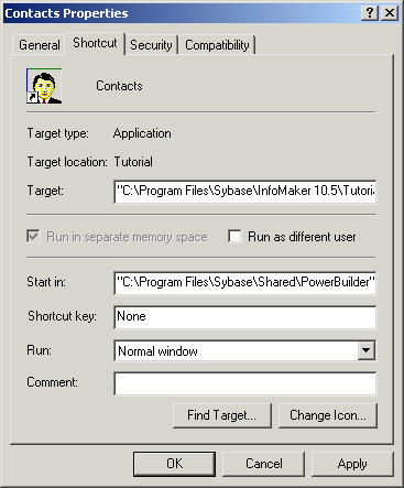 Shown is the General tab page of the Properties sheet for the Contacts shortcut. It shows the shortcut, lists its Type, Location, Size, M S DOS name, and the dates and times it was Created, Modified, and Accessed, and shows check boxes for its attributes. The Archive attribute is checked. Read only and Hidden are unchecked.