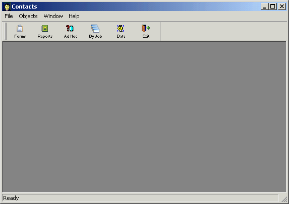 Shown is the main window of the Contacts Application, with the application name Contacts at top left, followed by menu and tool bars below, and a large blank display area.