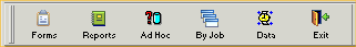 Shown is the Tool bar with buttons labeled from left to right as Forms, Reports, Ad Hoc, By job, Data, and Exit.