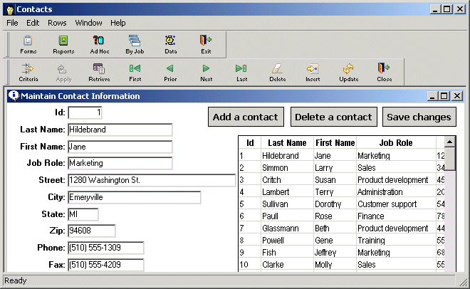 Shown is the Contacts application screen with a completed form titled Maintain Contact Information. At left are labeled text fields with actual data for a contact. Across the top right are buttons labeled Add a contact, Delete a contact, and Save changes. Under them is a scrollable table of contacts. Visible are columns of data labeled ID, Last Name, First Name, and Job Role. 