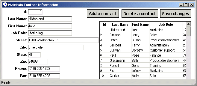 Shown grouped together are three reports created in the preceding lessons of the tutorial. They are the Maintain Contact Information report, the report called contacts _ by _ job role, and the report called contact grid _ with _ prompting.