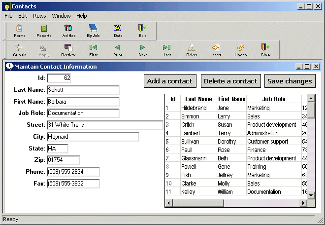 Shown is a completed Maintain Contact Information for a new contact with the I D of 62.