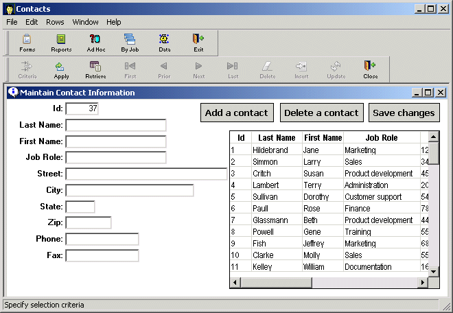 Shown is a blank Maintain Contact Information form with the single entry 37 in the I D text box at the top.