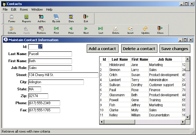 Shown is a Maintain Contact Information form showing all the data for I D 37 as stored in the contacts grid.