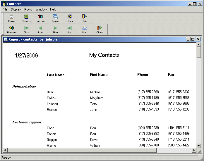 Shown is the contacts _ by _ job role report. At top center is the title My Contacts, and at top left is the date. Under the report’s columns for Last Name, First Name, Job Role, Phone and Fax, rows of data are grouped under the titles Administration and then Customer support. These titles appear in bold and italic type.