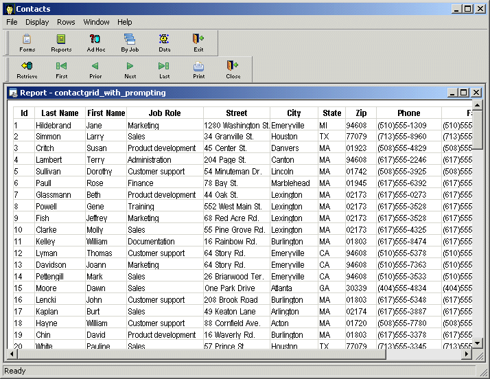 Shown is the report named contact grid _ with _ prompting. It has columns for I d, Last Name, First Name, Job Role, Address, Phone, and Fax. Various entries  such as Marketing and Sales appear in the Job Role column.