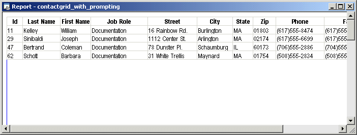 Shown is the report named contact grid _ with _ prompting. It has columns for I d, Last Name, First Name, Job Role, Address, Phone, and Fax. All the entries show Documentation in the Job Role column.
